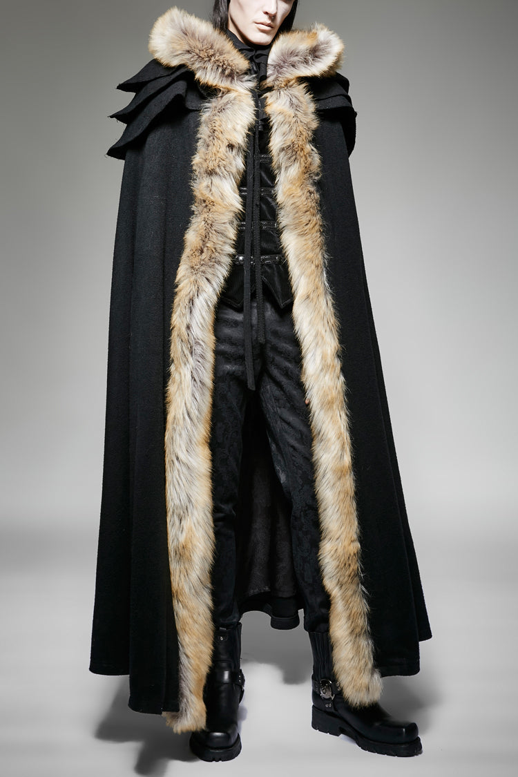 Black Hooded Fur Collar Wool Long Mens Gothic Coat Cloak - Black - 1