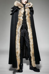 Black Hooded Fur Collar Wool Long Mens Gothic Coat Cloak - Black - 1