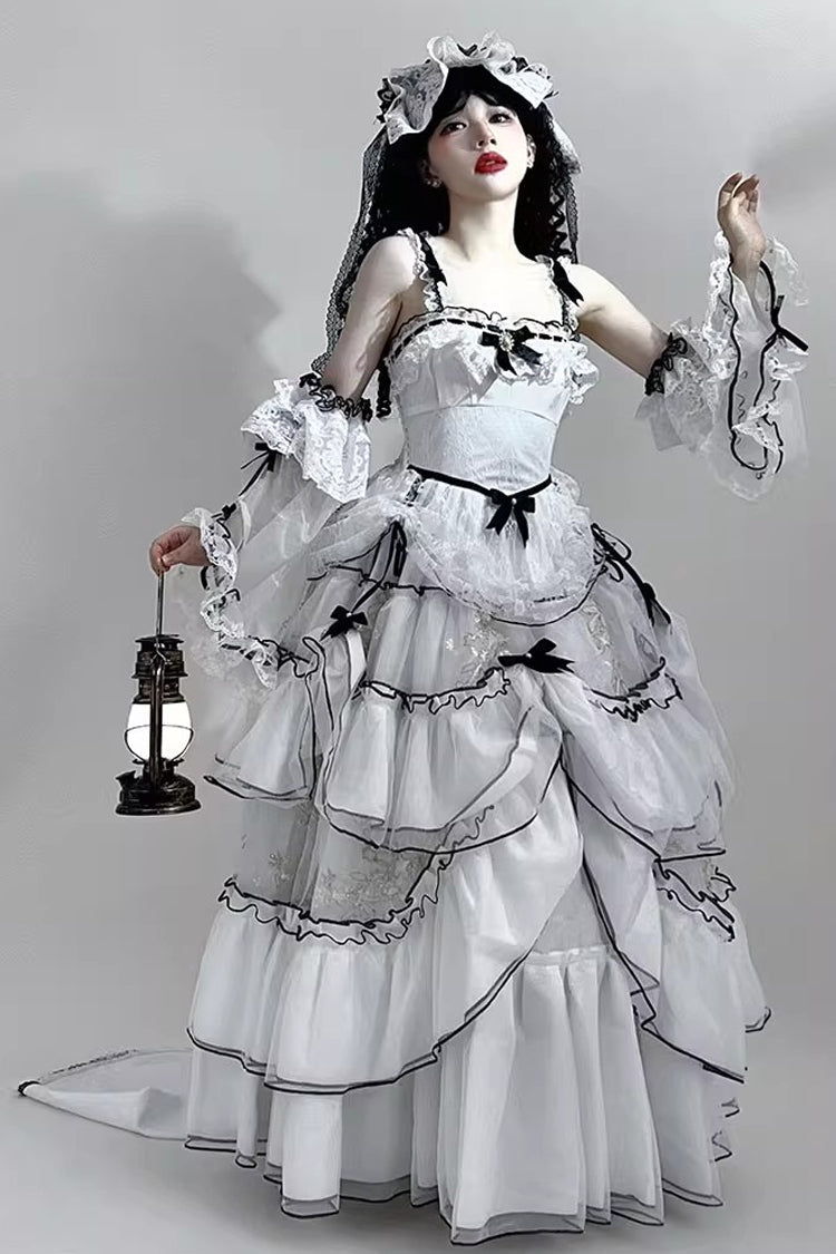 White [Cascade Poem] Sleeveless Multi-Layered Ruffle Hanayome Bowknot Lace Gothic Plus Size Gorgeous Lolita Jsk Long Dress - Product - 7