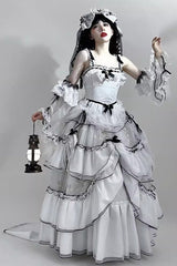 White [Cascade Poem] Sleeveless Multi-Layered Ruffle Hanayome Bowknot Lace Gothic Plus Size Gorgeous Lolita Jsk Long Dress - Product - 7