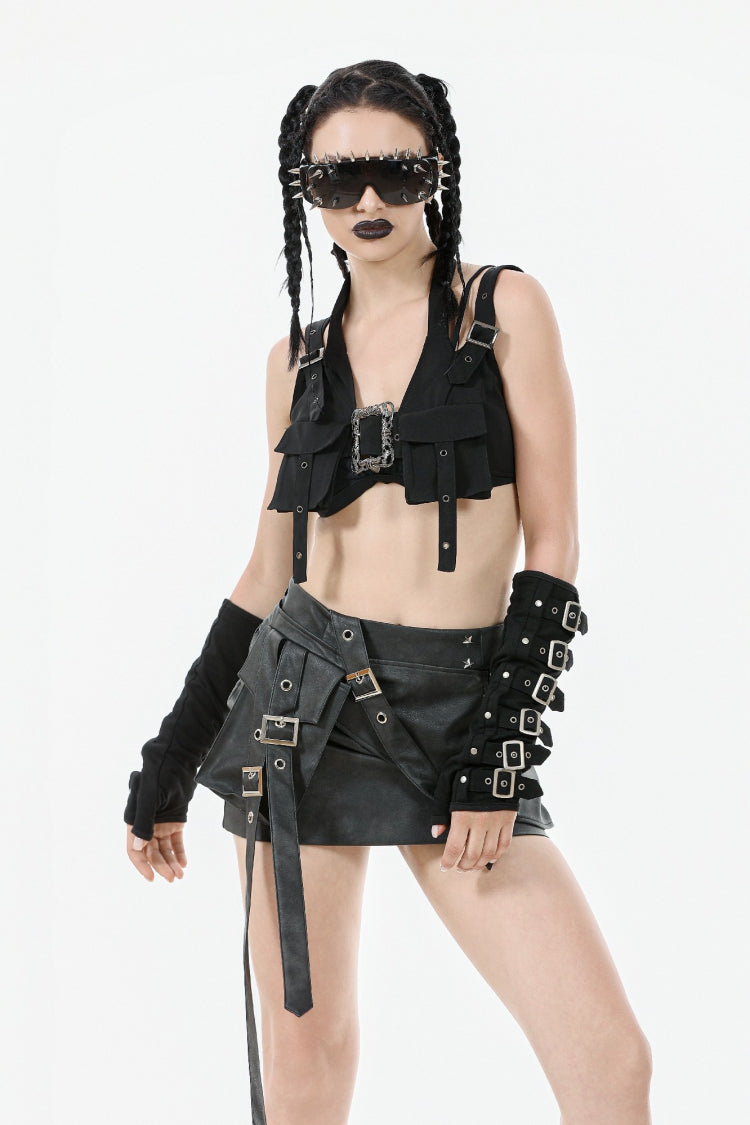 Black Halterneck Buckled Women's Punk Utility Vest - Product - 6