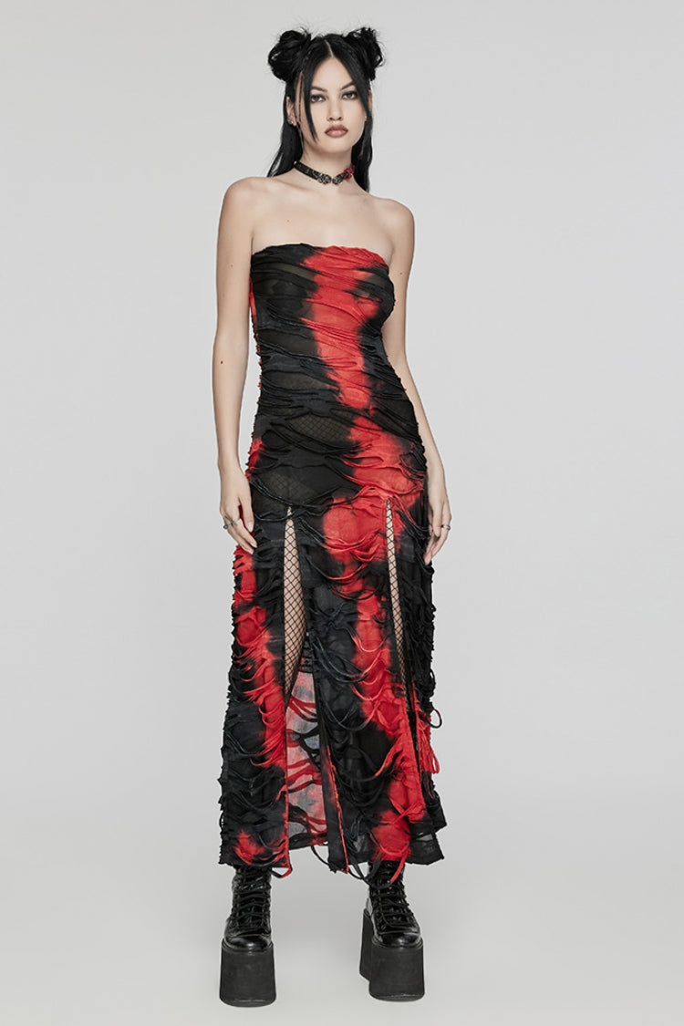 Black/Red Contrast Color Print Ripped Women's Gothic Dress - Black/Red - 1