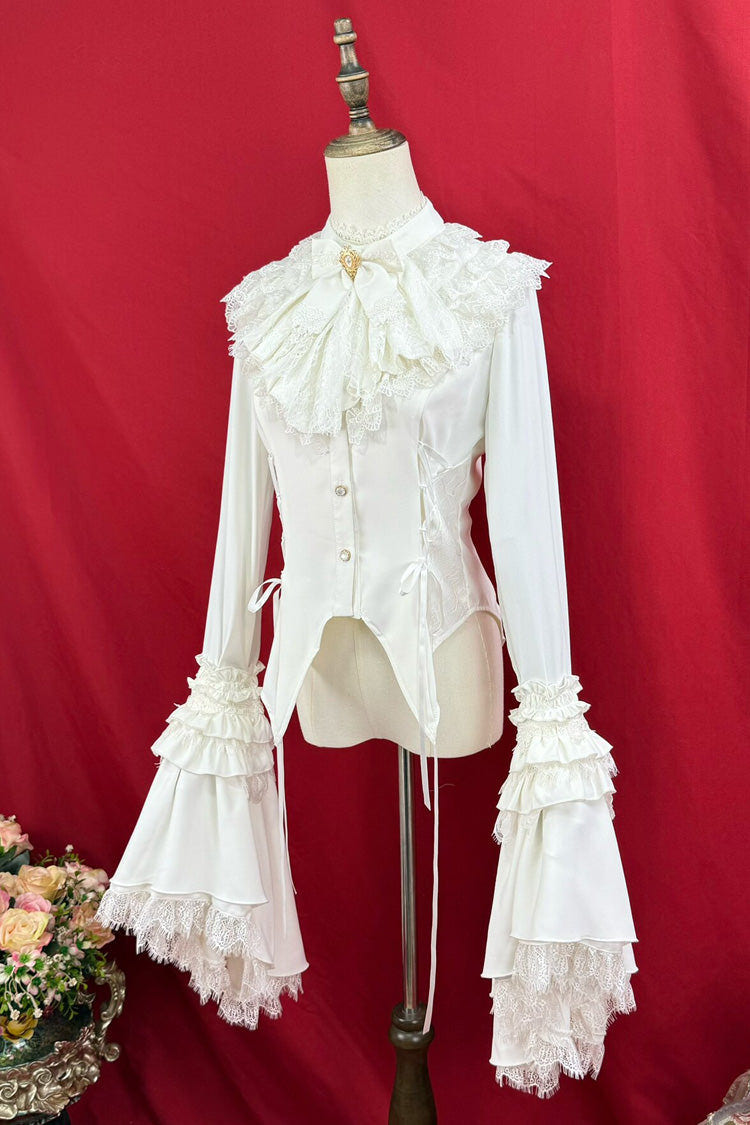[Broken-Wing Bat] Stand Collar Long Trumpet Sleeves Ruffled Bow Lace-Up Gothic Elegant Lolita Blouse 2 Colors - White - 5