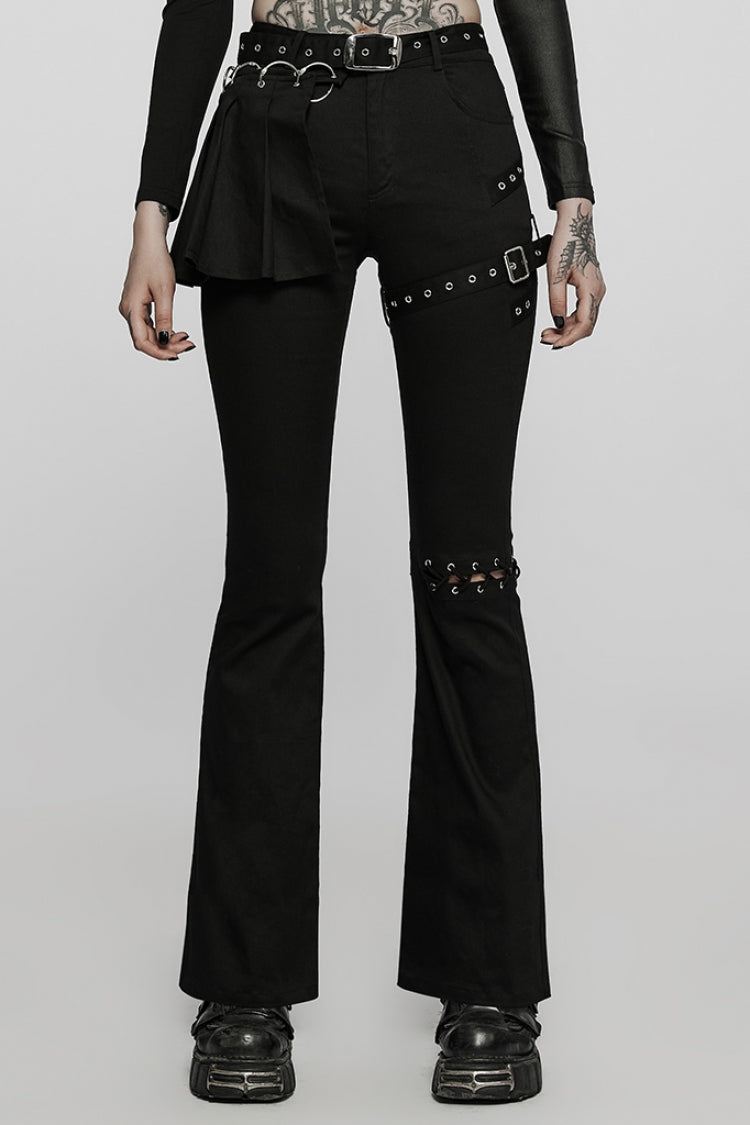 Black Hollow Lace Slim Detachable Belt Women's Steampunk Flared Leggings - Black - 1