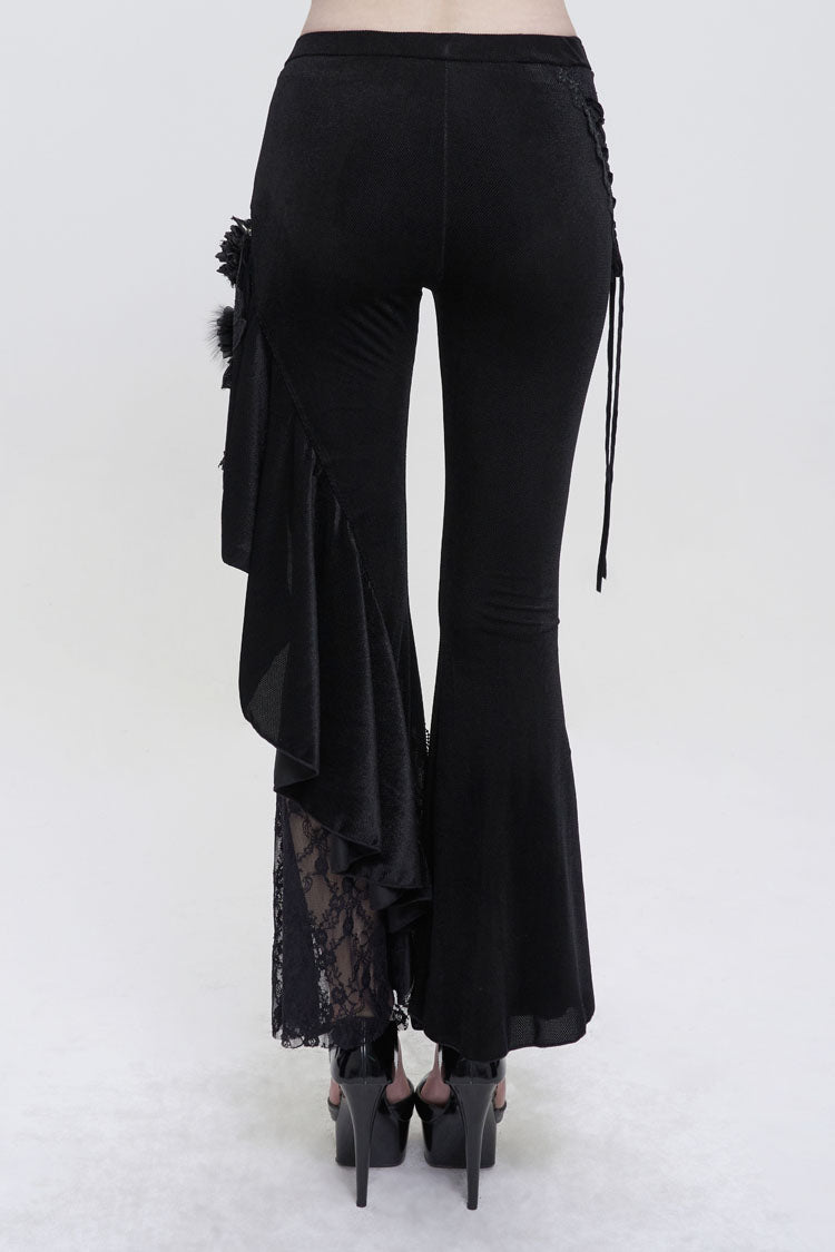 Black Velvet Single Side Stitching Rose Net Side Rope Decoration Asymmetric Pattern Flare Women's Gothic Pants - Product - 5