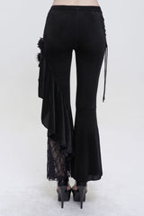 Black Velvet Single Side Stitching Rose Net Side Rope Decoration Asymmetric Pattern Flare Women's Gothic Pants - Product - 5