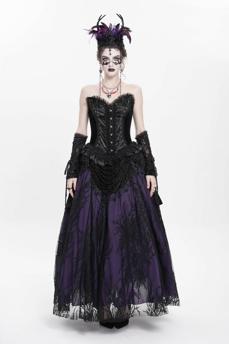 Black/Purple Floral Embroidered Beaded Women's Gothic Long Skirt - Product - 7