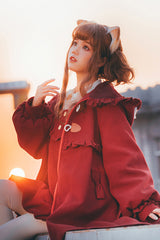 Red Cat Tail Long Sleeves Ruffle Bowknot Hooded Sweet Lolita Coat - Product - 10