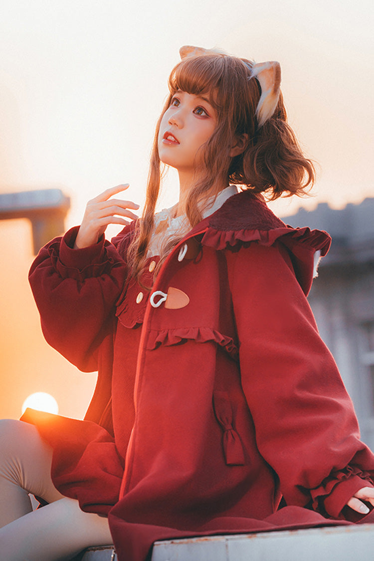 Red Cat Tail Long Sleeves Ruffle Bowknot Hooded Sweet Lolita Coat - Product - 10