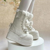 Beige Cute Platform Thick-Soled Bowknot Lace-Up Sweet Lolita Plush Boots - Product - 3