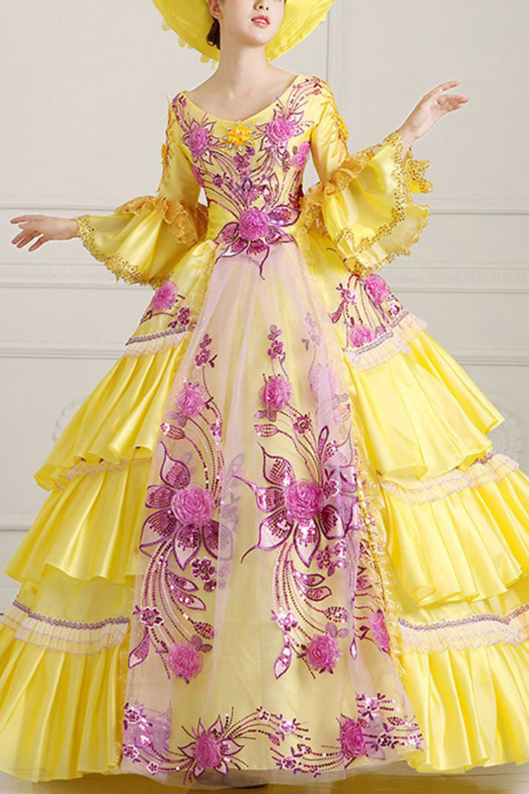 Yellow Half Sleeves Hime Sleeves High Waisted Lace Stitching Hollow Embroidery Floral Print Multi-Layer Victorian Lolita Prom Dress - Yellow - 1
