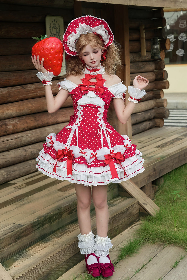 Wine Red Halterneck Short Sleeves Triple-Layered Polka Dot Printed Bow Lace-Up Sweet Lolita Dress - Product - 7