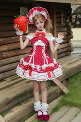 Wine Red Halterneck Short Sleeves Triple-Layered Polka Dot Printed Bow Lace-Up Sweet Lolita Dress - Product - 7
