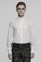 White Stand Collar Long Sleeves Ruffle Embroidery Men's Gothic Blouse - White - 1