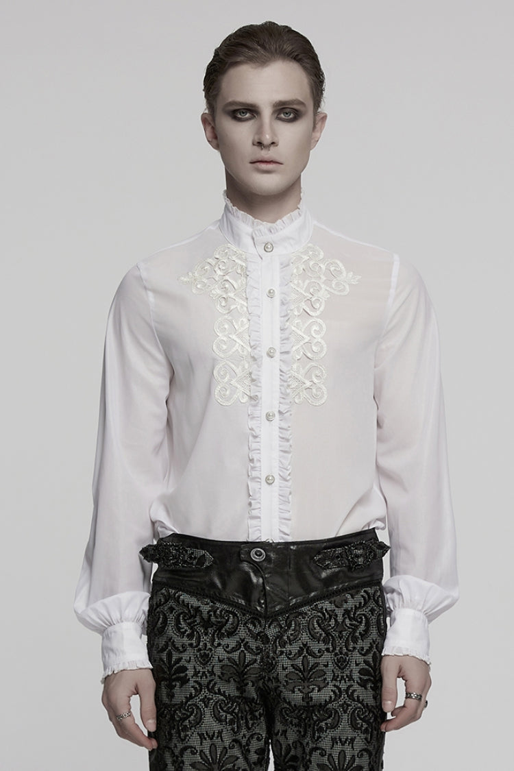 White Stand Collar Long Sleeves Ruffle Embroidery Men's Gothic Blouse - White - 1