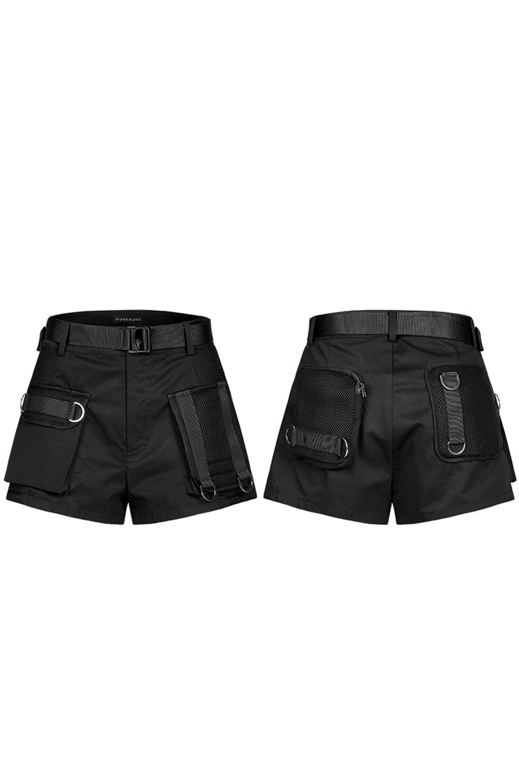 Black Clasp Belt Multi-Level Pocket Pit Ribbon Decoration High Waist Women's Punk Shorts - Product - 5