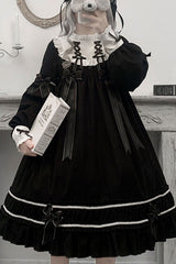 Black Bowknot Ruffled Long Sleeves Lolita OP Gothic Lolita Dress - Black - 1