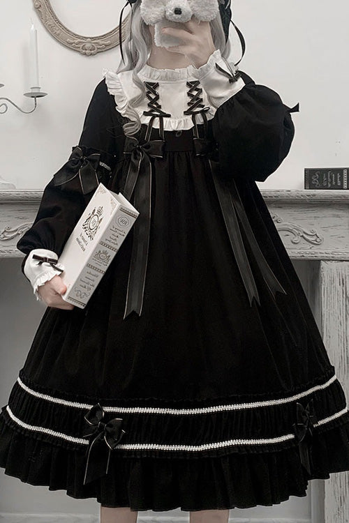 Black Bowknot Ruffled Long Sleeves Lolita OP Gothic Lolita Dress - Black - 1