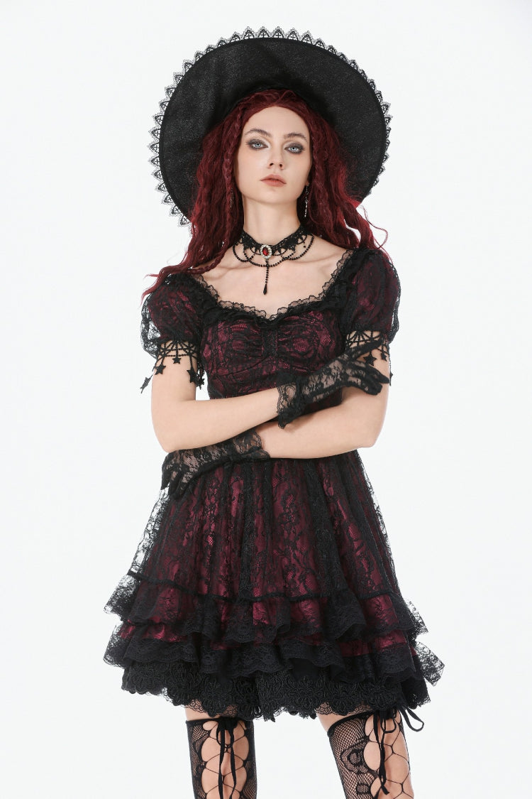 Black/Red Star Square-cut Collar Short Sleeves Lace Women's Gothic Priness Dress Graduation Dress - Black/Red - 1
