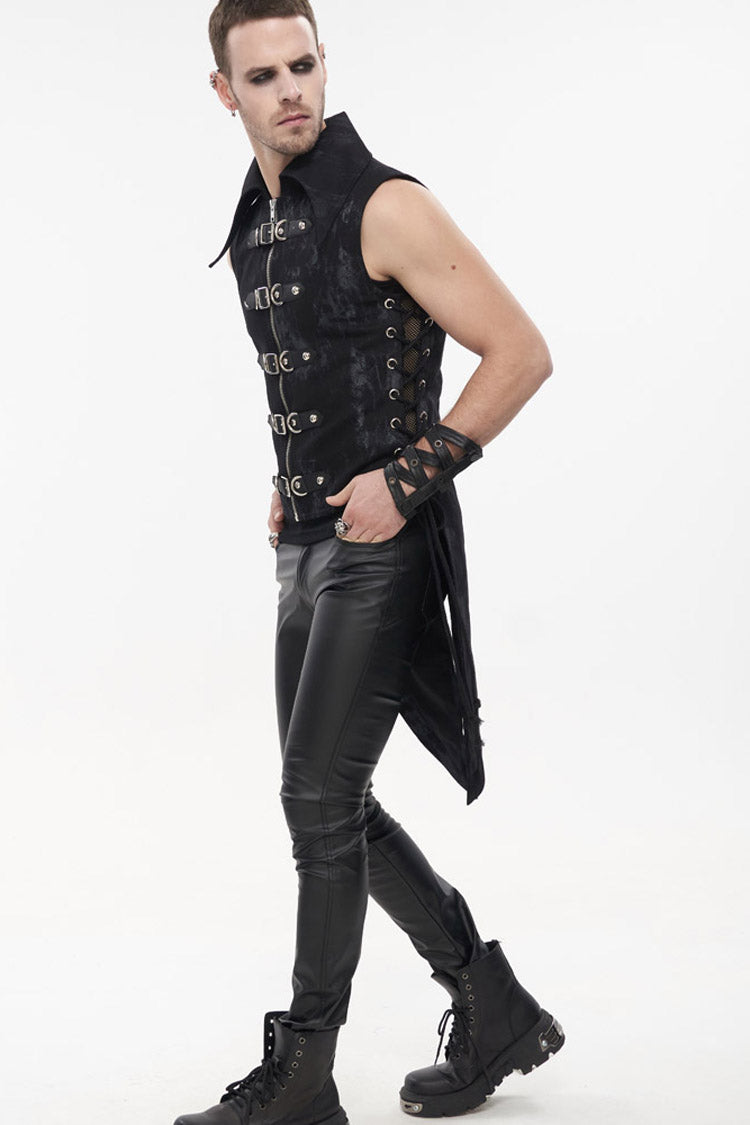 Black Punk Irregular Print D-Shaped Buckle Decoration Waist Side Slits Tied Rope Tight Zipper Men's Dovetail Vest - Product - 5