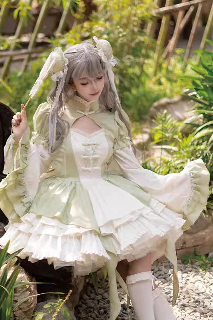 Green Long Trumpet Sleeves Ruffle Bowknot Lace Sweet Chinese Style Lolita Jsk Dress Set - Product - 4