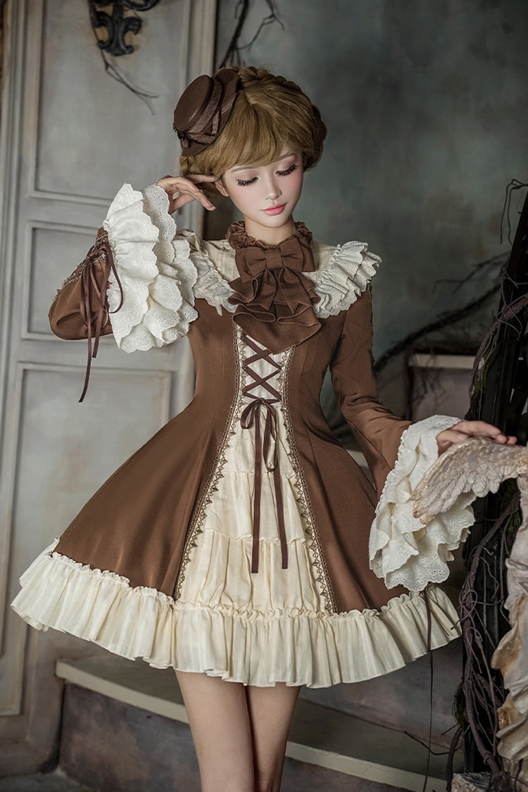 Brown/Beige [Nutcracker] Stand Collar Long Trumpet Sleeves Ruffle Cardigan Bowknot Lace-Up Sweet Lolita Dress Set 2 Versions - Product - 21