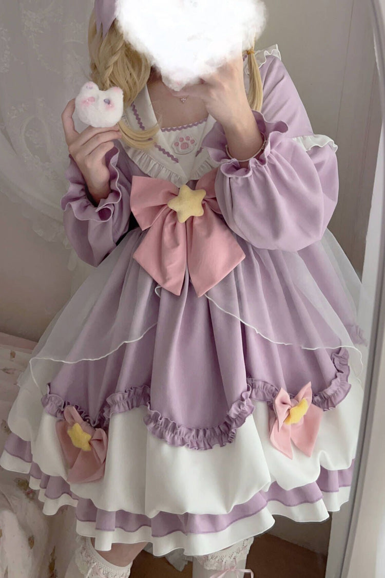 [Pray Star] Long Sleeves Double-Layered Ruffle Bowknot Stitching Lace Sweet Lolita Dress 5 Colors - Product - 13