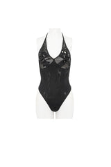 Black Mesh Irregular Printed Skull Halter Women's Gothic One Piece Swimsuit - Product - 5