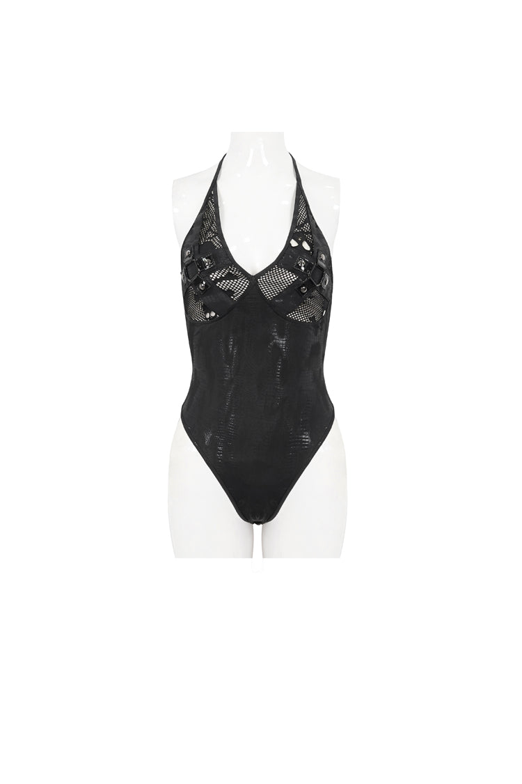 Black Mesh Irregular Printed Skull Halter Women's Gothic One Piece Swimsuit - Product - 5