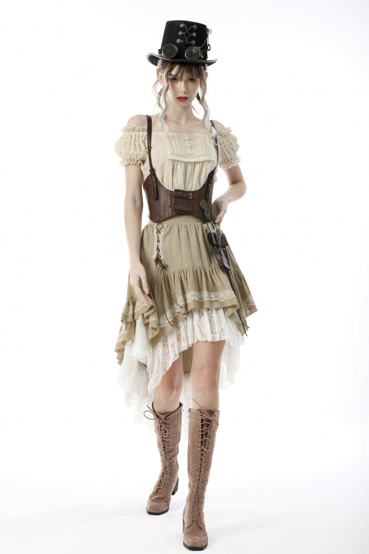 White/Yellow Women's Steampunk Victorian Lace Multi-Layered Dovetail Ruffled Skirt - Product - 7