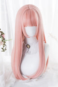 Perruque cheveux longs et raides coupe Hime rose Sweet Lolita vue de face