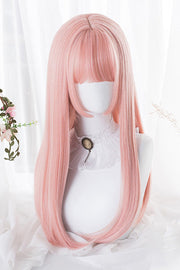 Perruque cheveux longs et raides coupe Hime rose Sweet Lolita vue de face