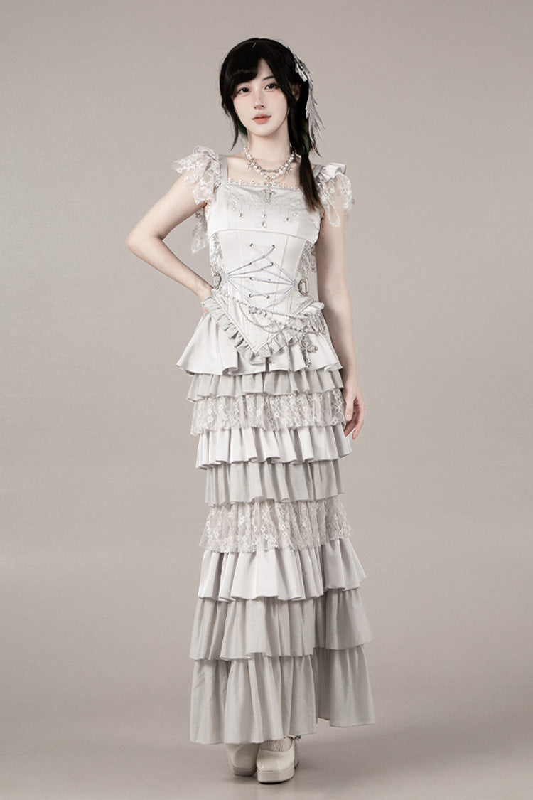 Solid Color [Bionic Doll] Square Collar Multi-Layered Ruffle Bowknot Lace-Up Gothic Lolita Fishtail Skirt Corset Set - Product - 25
