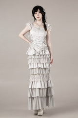 Solid Color [Bionic Doll] Square Collar Multi-Layered Ruffle Bowknot Lace-Up Gothic Lolita Fishtail Skirt Corset Set - Product - 25