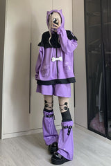 Purple Long Sleeves Cat Ears Hooded Jirai Kei Japanese Shorts Coat Set - Product - 3