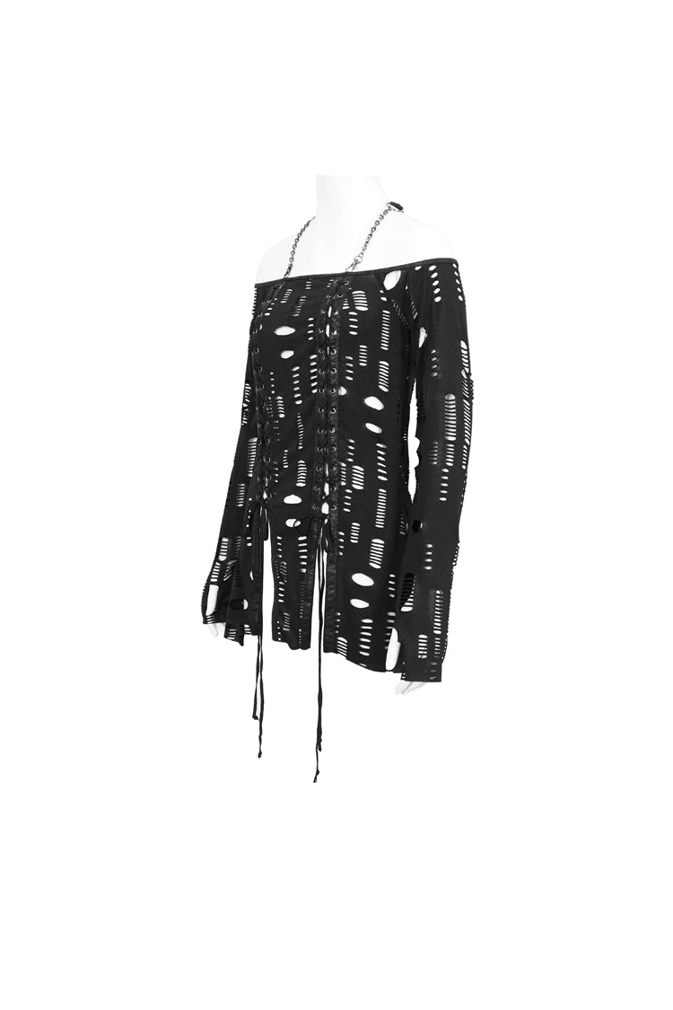 Black Elastic Ripped One Shoulder Rope Style Halter Neck Long Sleeves Women's Gothic T-Shirt - Product - 7