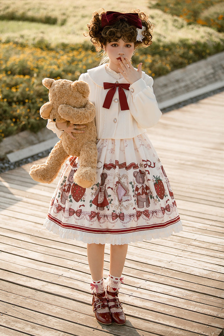 Ivory/Red Strawberry Bear Print Ruffle Bowknot Sweet Princess Lolita Jsk Dress - Product - 3