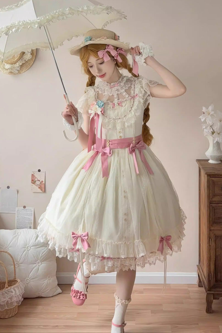 Yellow [Sakura’s Spring Resonance] Sleeveless Ruffled Bow Sweet Lolita Jsk Dress (Short Version) - Product - 3