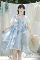 Blue [Clouds Resting in the Wilderness] Print Ruffle Embroidery Bowknot Lace Irregular Lolita Jsk Dress - Product - 16