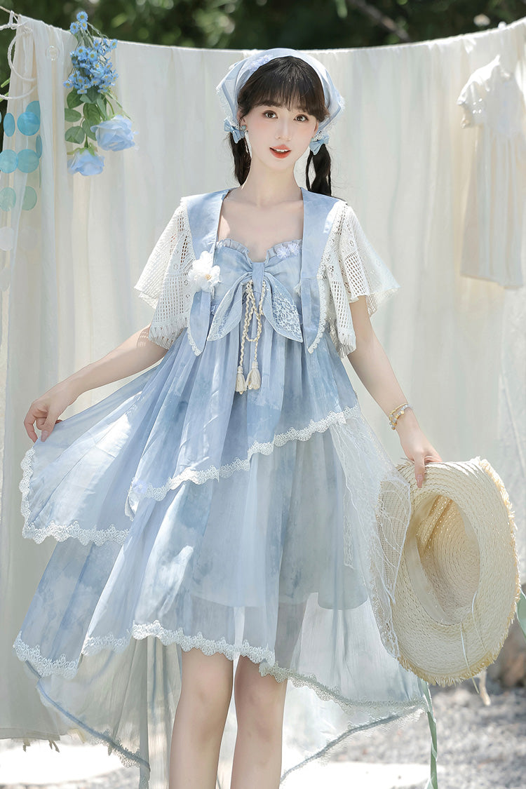 Blue [Clouds Resting in the Wilderness] Print Ruffle Embroidery Bowknot Lace Irregular Lolita Jsk Dress - Product - 16