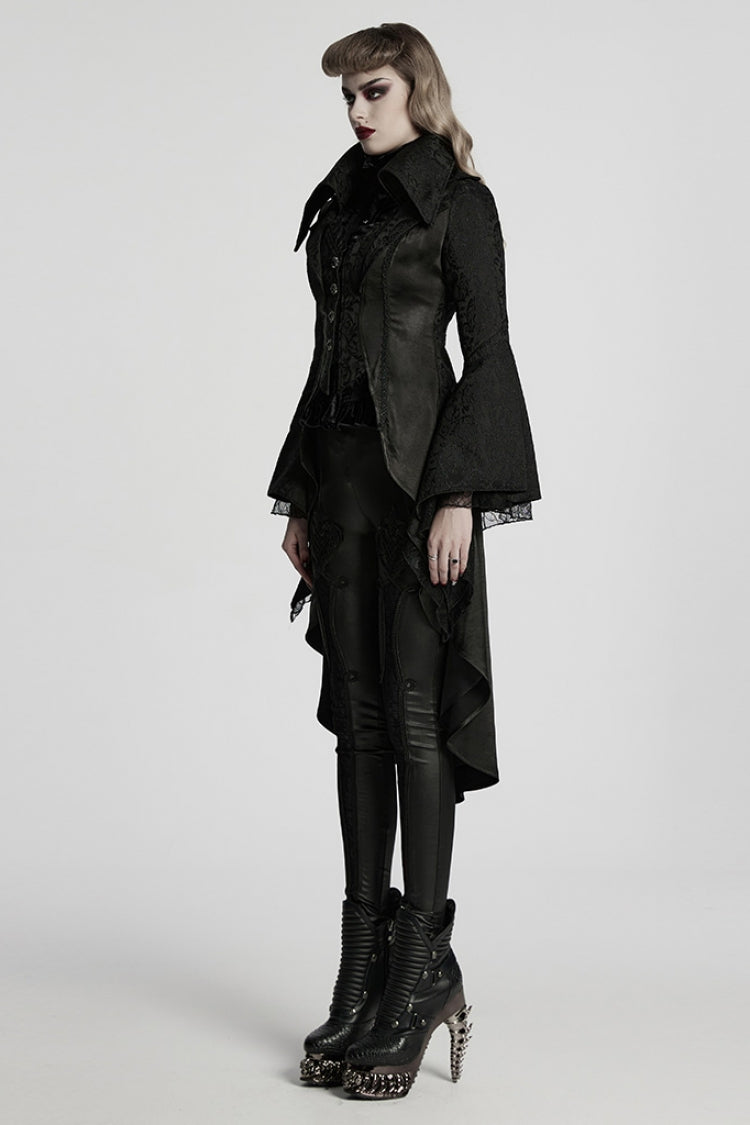Black Lapel Collar Long Trumpet Sleeves Jacquard Women's Gothic Jacket - Product - 2