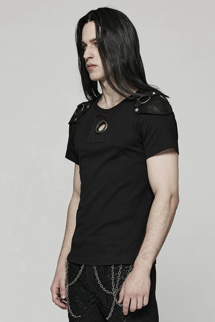 Black Short Sleeves Detachable Shoulder Pad Hollow Mens Steampunk T-Shirt - Product - 2