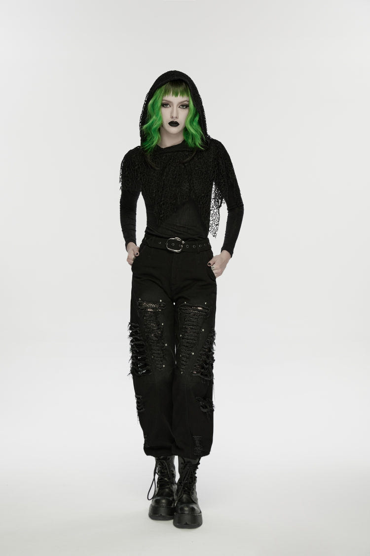 Black Ripped Zippered Eyelet Women's Punk Unedged Decadent Denim Pants - Black - 5