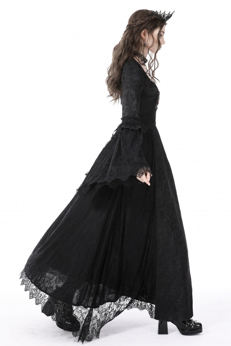 Black Square Collar Long Hime Sleeves Embroidered Lace Spliced Women's Gothic Maxi Wedding Dress - Product - 10