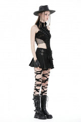 Black High Collar Sleeveless Irregular Asymmetric Lace-Up Eyelet Women's Punk Ripped Tank Top - Product - 8