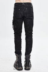 Black Patchwork Asymmetric Rivet Studded Punk Leather Mens Pants - Product - 4