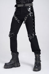 Black Armor Patent Leather Stitching Men's Punk Pants - Product - 4