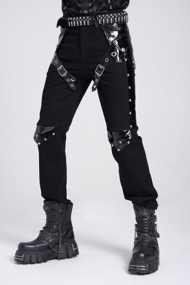Black Armor Patent Leather Stitching Men's Punk Pants - Product - 4