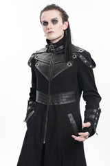 Black Stand Collar Eyelets Buckle-up Ring Long Sleeves Stitching Men's Gothic Coat - Product - 8