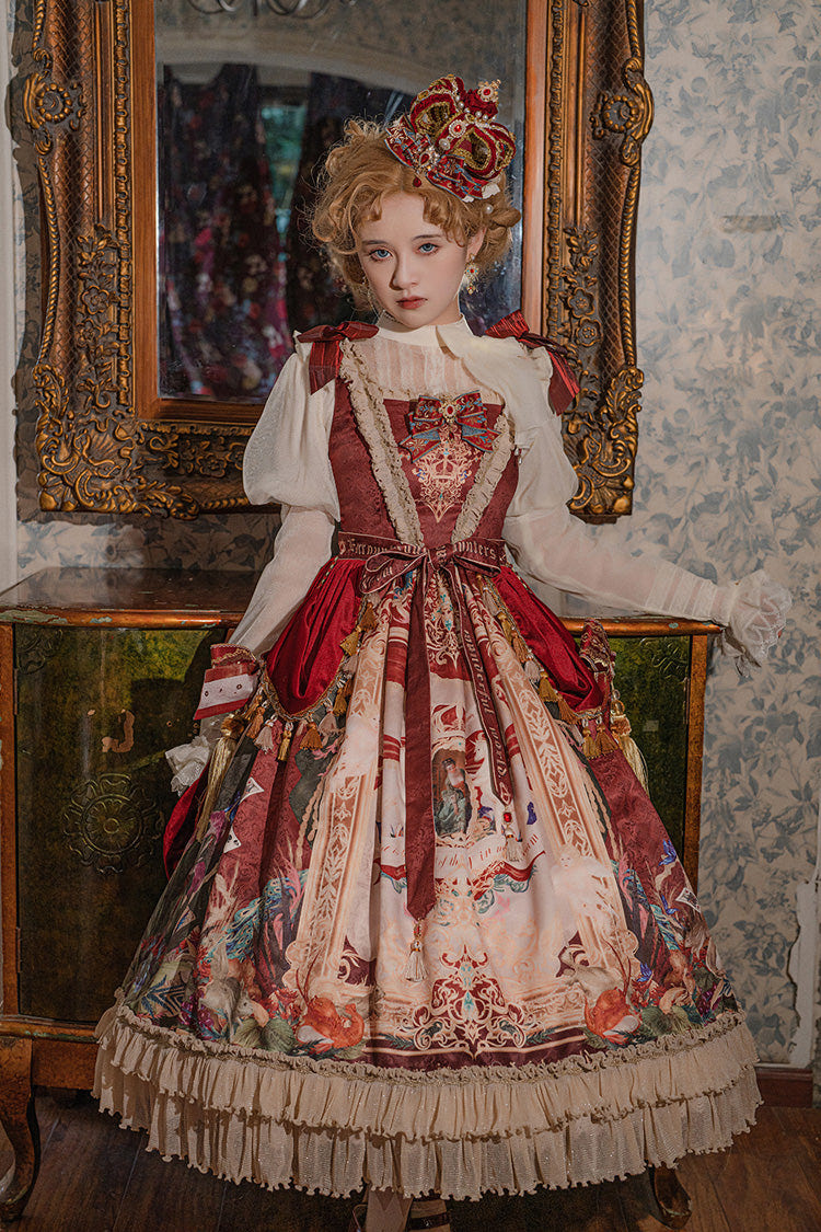 Red [Kaleidoscope of Dreams] Sleeveless Double-Layered Print Embroidery Bowknot Classic Vintage Gorgeous Lolita Jsk Dress - Product - 7